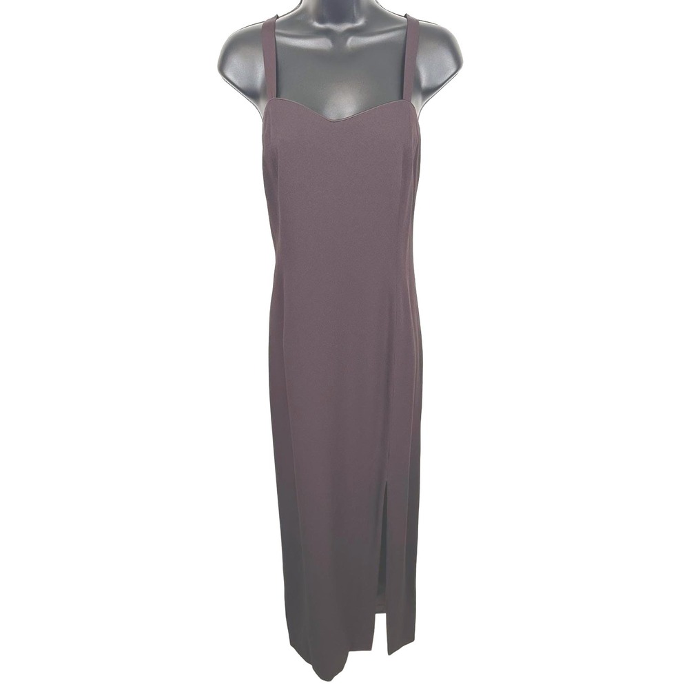 Vintage 90s Minimalist ILGWU Brown Column Gown Sweetheart Slit Dress USA Size M